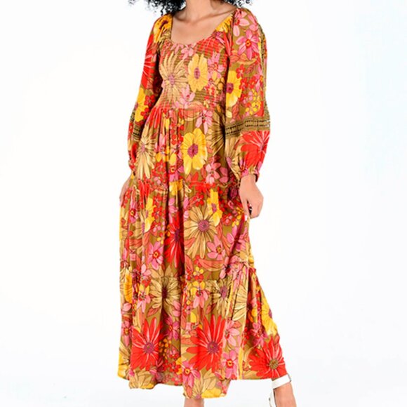 Vintage ANGIE Dress XS Boho Hippie Floral Flower Print Sunflower Ruched Stretch - Picture 1 of 7